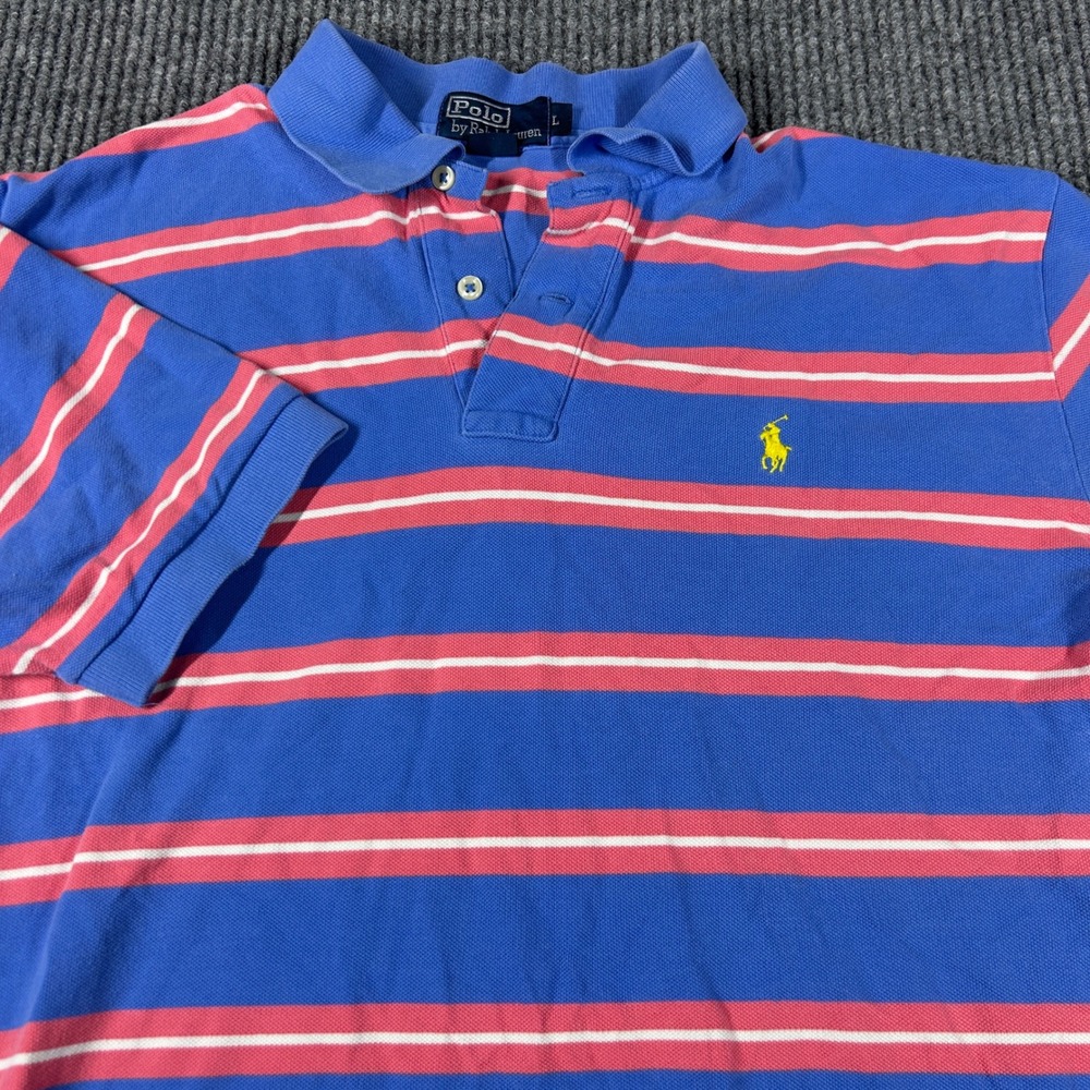 Polo Ralph Lauren Shirt Men's L Blue Pink Striped Short Sleeve Polo Pique Preppy